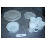 Vintage place set for 4  of milk glass dinner and salad plates and octogon shaped cups