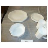 Vintage place set for 4  of milk glass dinner and salad plates and octogon shaped cups