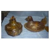 For you Amber glass collectors, nesting hen, octogon candy dish and a large striped vase with cameo at the base