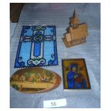 Windup Musical church with a bell that swings when it plays, vintage wood last supper, stained glass look madonna and a beaded cross