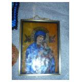 Windup Musical church with a bell that swings when it plays, vintage wood last supper, stained glass look madonna and a beaded cross