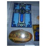 Windup Musical church with a bell that swings when it plays, vintage wood last supper, stained glass look madonna and a beaded cross