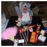 Big Al Disney bear, a Steiff bear, Disney pencils, back scratcher, Mickey night light, fan and pick up sticks