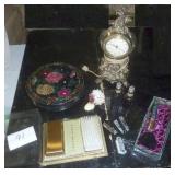 Vintage dresser items, New Bennington comb and brush set, nail clippers, stetson cologne, clock