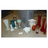 Tote full of flower vases, includes hobnail and amberina glass