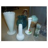 Tote full of flower vases, includes hobnail and amberina glass