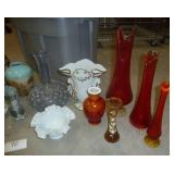 Tote full of flower vases, includes hobnail and amberina glass