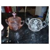 vintage napkin holder and matching soap or dish scrubber holder, pink depression sugar and clear glass sugar, all in great shape