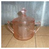 vintage napkin holder and matching soap or dish scrubber holder, pink depression sugar and clear glass sugar, all in great shape
