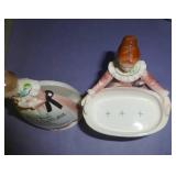 vintage napkin holder and matching soap or dish scrubber holder, pink depression sugar and clear glass sugar, all in great shape