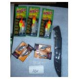 Fishing filet knife, 4 rapala lures and 5 wing-it slip bobbers