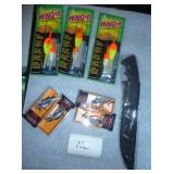 Fishing filet knife, 4 rapala lures and 5 wing-it slip bobbers