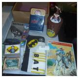 New Batman scarf and collectible buttons, Batman collector cards, Pepsi coin bank, vintage Nestles Quik mixing jug (never used) and Lone Ranger puzzle