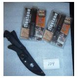 2 piece hunting knife in sheath and 2 deer calls, all new