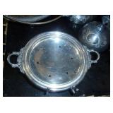 lot of vintage silverplate serving dishes, most of them are quadruple plate, and a set of silver spoons and a tin with a pewter rabbit scene