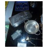 lot of vintage silverplate serving dishes, most of them are quadruple plate, and a set of silver spoons and a tin with a pewter rabbit scene
