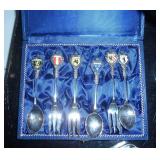 lot of vintage silverplate serving dishes, most of them are quadruple plate, and a set of silver spoons and a tin with a pewter rabbit scene