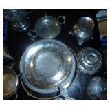 lot of vintage silverplate serving dishes, most of them are quadruple plate, and a set of silver spoons and a tin with a pewter rabbit scene