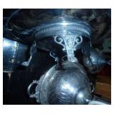lot of vintage silverplate serving dishes, most of them are quadruple plate, and a set of silver spoons and a tin with a pewter rabbit scene