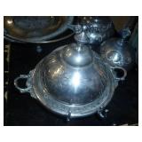 lot of vintage silverplate serving dishes, most of them are quadruple plate, and a set of silver spoons and a tin with a pewter rabbit scene