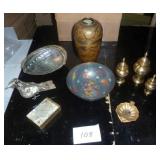 Abalone shell bird and a real shell, pearl cigarette case, brass and cloissone.