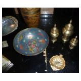 Abalone shell bird and a real shell, pearl cigarette case, brass and cloissone.