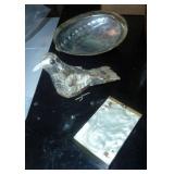 Abalone shell bird and a real shell, pearl cigarette case, brass and cloissone.