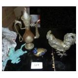 Metal group, rooster, bird, horse and a incense decanter?
