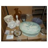 marble covered box, glass and ceramic vases, bells and bowls