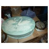 marble covered box, glass and ceramic vases, bells and bowls