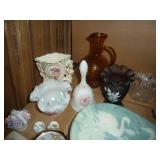 marble covered box, glass and ceramic vases, bells and bowls