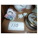 marble covered box, glass and ceramic vases, bells and bowls