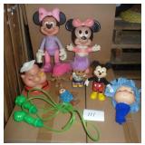 group of vintage character toys, popeye, mickey, minnie, green giant, sugar bear and some trolls