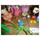 group of vintage character toys, popeye, mickey, minnie, green giant, sugar bear and some trolls