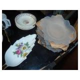 2 colored hazel atlas bowls, a plate and cup of an old woman in a shoe, set of 6 antique dessert bowls, set of 6 leaf pattern plates