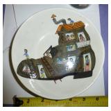 2 colored hazel atlas bowls, a plate and cup of an old woman in a shoe, set of 6 antique dessert bowls, set of 6 leaf pattern plates