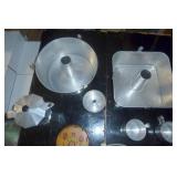 vintage kitchen stuff, angel food cake pans, one square and one round, tin cups, flour sifter, grinder, knife rack and tea pot