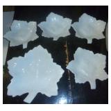 Set of milk glass plates shaped like a leaf, one larger plate and 4 smaller, all in good condition, no chips, breaks