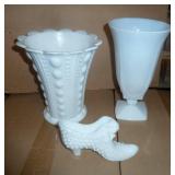 Milk Glass collectors - 2 vintage large vases and cat head shoe