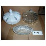 2 vintage clear glass and milk glass candy dishes, same pattern, no chips or breaks, and small nut dish