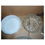 2 vintage clear glass and milk glass candy dishes, same pattern, no chips or breaks, and small nut dish