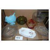 Group of 9 pieces of vintage glassware, pale blue nesting bird candy dish does have a piece of the nest broke off, but unless you know what to look for, is not noticeable, the white piece is marked 19