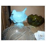 Group of 9 pieces of vintage glassware, pale blue nesting bird candy dish does have a piece of the nest broke off, but unless you know what to look for, is not noticeable, the white piece is marked 19