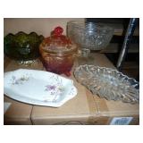 Group of 9 pieces of vintage glassware, pale blue nesting bird candy dish does have a piece of the nest broke off, but unless you know what to look for, is not noticeable, the white piece is marked 19