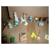 Group of miniatures, most items are approx 1-1/2" tall, state thimbles, Precious moments eggs, ornaments, blown glass monkeys