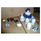 Group of miniatures, most items are approx 1-1/2" tall, state thimbles, Precious moments eggs, ornaments, blown glass monkeys