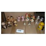 Lot of vintage salt and pepper shakers, hugging bears, hen and rooster, milk cans, monks, see pictures for condition, no breakage but signs of wear
