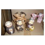 Lot of vintage salt and pepper shakers, hugging bears, hen and rooster, milk cans, monks, see pictures for condition, no breakage but signs of wear