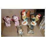 Lot of vintage salt and pepper shakers, hugging bears, hen and rooster, milk cans, monks, see pictures for condition, no breakage but signs of wear