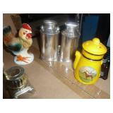 Lot of vintage salt and pepper shakers, hugging bears, hen and rooster, milk cans, monks, see pictures for condition, no breakage but signs of wear